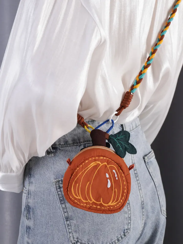 Embroidered Cute Mini Headphone Bag Cartoon Pumpkin Coin Purse Mini Exquisite Small Square Bag Women's Lipstick Crossbody Bag