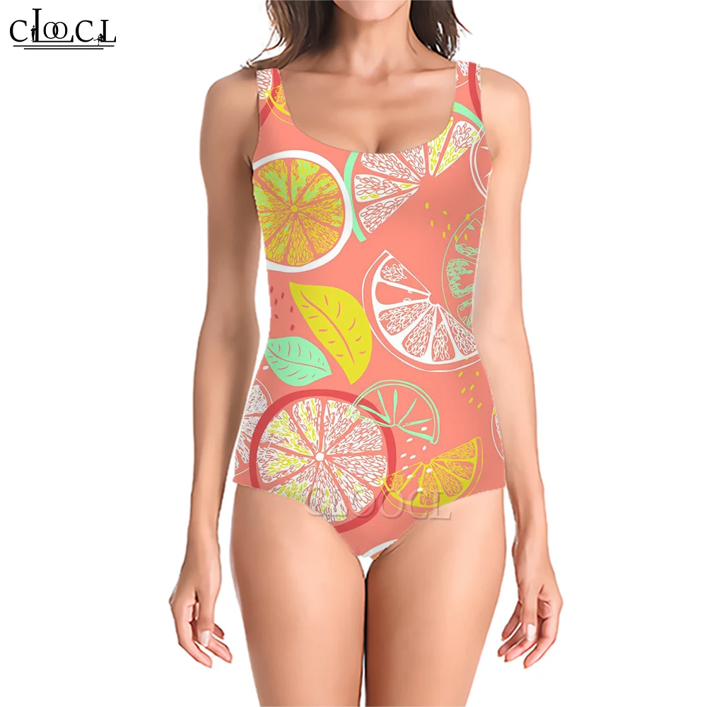 CLOOCL Summer Swimming Suit for Women Bodysuit Harajuku Orange Printed Sportswear Bathing Backless One-Piece Swimwear