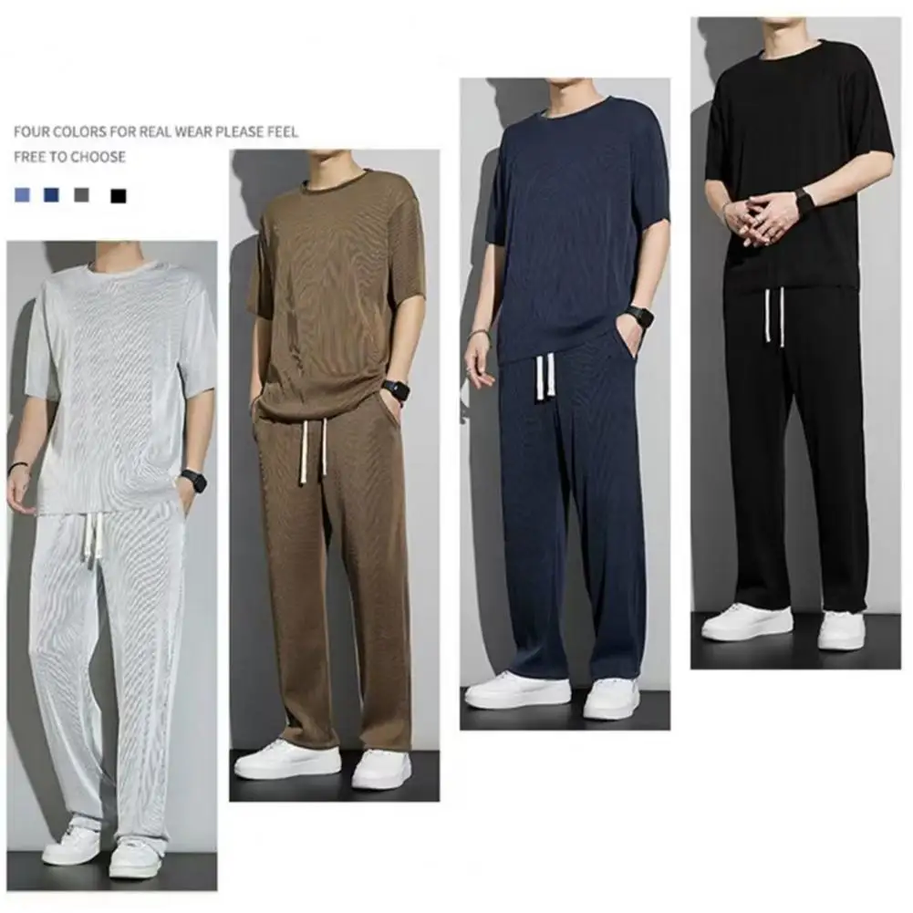 Men Sports Suit Men's Summer Casual Outfit O-neck Short Sleeve T-shirt Wide Leg Long Pants Set Elastic Drawstring Waist Solid