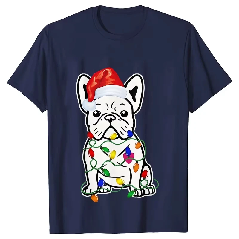 Funny French Bulldog Dog Tree Christmas T-Shirt Female Clothing Dog Lover Graphic Y2k Tops Hip Hop Streetwear Short Sleeve Tees