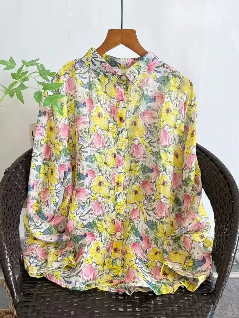 Womens Long Sleeve Ramie Linen Shirt Hand Drawn Watercolor Wildflower Print Collared Summer Garden Casual Tops