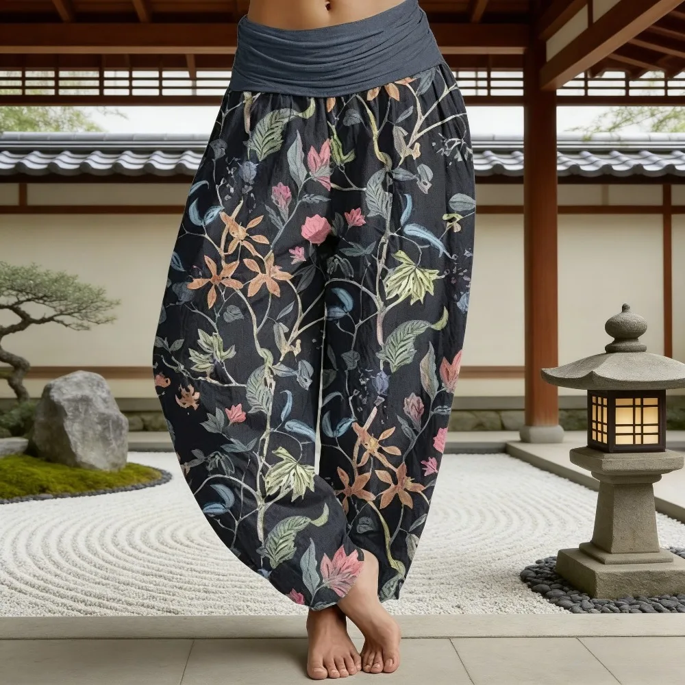 

Женские богемные брюки-шаровары с цветочным принтом, свободные, на резинке, в тайском стиле, мягкие, драпированные, легкие, повседневные, для дома
