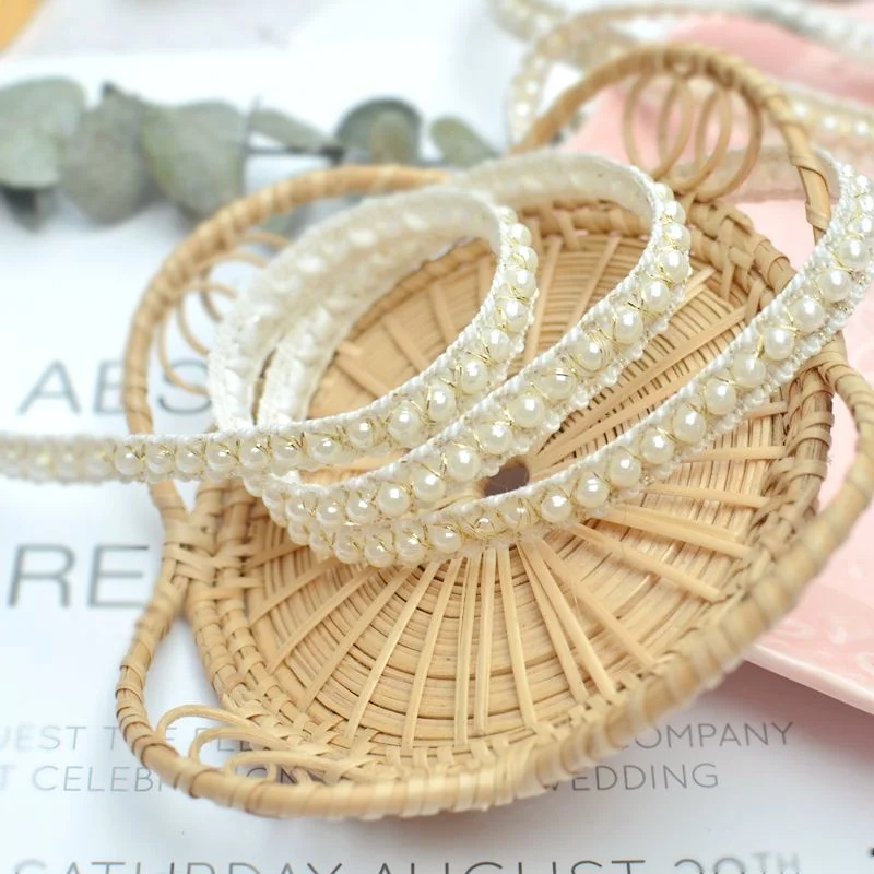 1CM Wide Korean Glitter Pearls Golden Braided Ribbon Beaded Fringe Lace Edging Trim Wedding Headwear Hat Cloth DIY Sewing Fabric