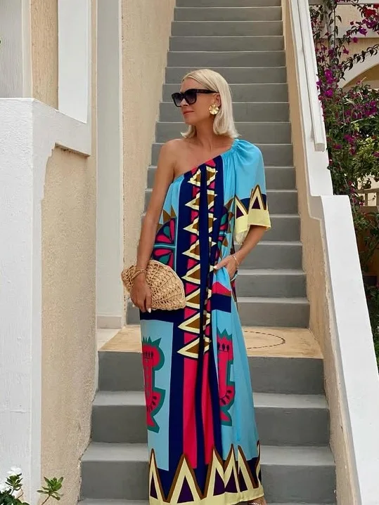 

Casual Boho Printed Dress Fashion Off Shoulder Asymmetric Half Sleeved Loose Long Dresses Summer Vacation Style Women Clothing