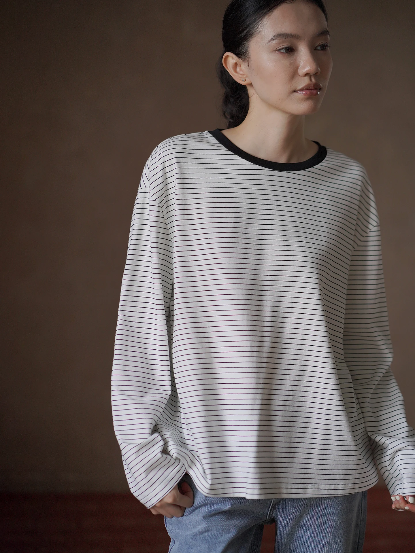 Slimming Effect Classic Stripe Long Sleeve round Neck Basic Style Loose Fit Women's Top Black White Color Block T-Shirt