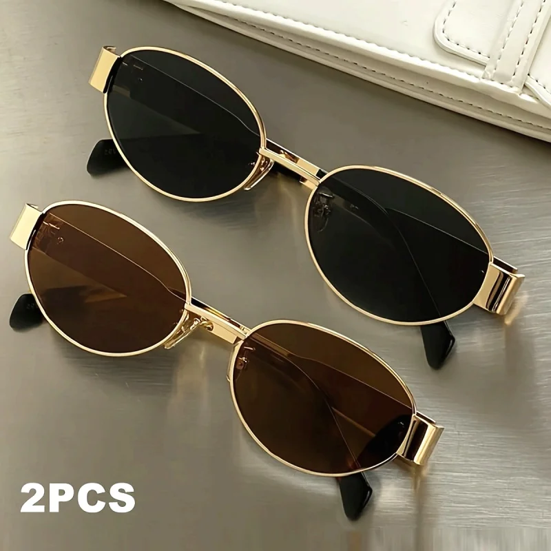 2PCS Oval Shape Metal Sunglasses Classic Men's Vintage Sun Glasses Women Outdoor Leisure Eyewear UV400 Ladies Shades