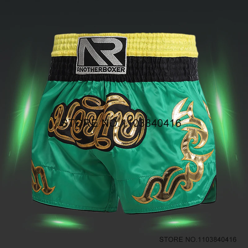 Short Muay Thai Green Boxing Shorts Satin Men's Women's Child MMA Martial Arts Boxeo Clothes Gym Cage Fight Kickboxing Shorts