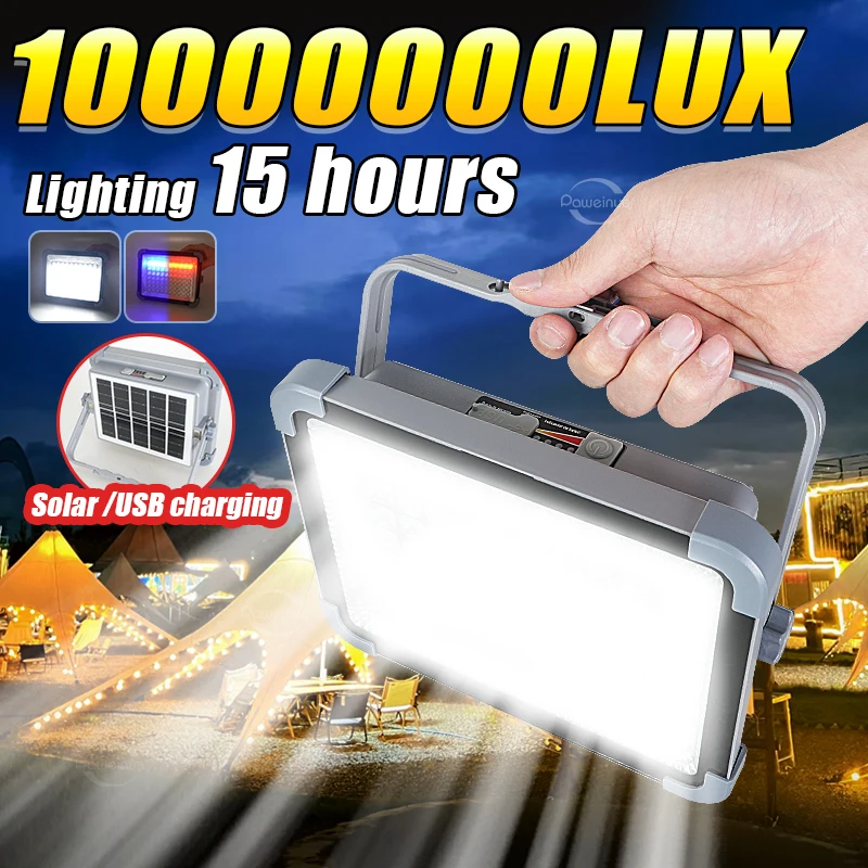 Portable Solar Camping Light 10000000LM LED Rechargeable Lamp Cordless Flood Lights Searchlight Work Emergency Power Failure