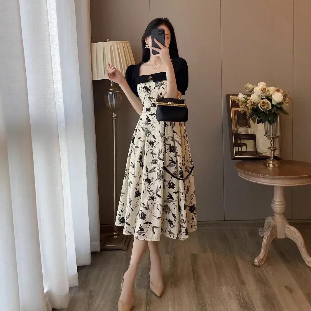 

Slimming Floral Print A- Line Dress Women's Summer Hot Sale Of The Season Square Neck Bubble Sleeve Pure Desire Design Knee-Leng