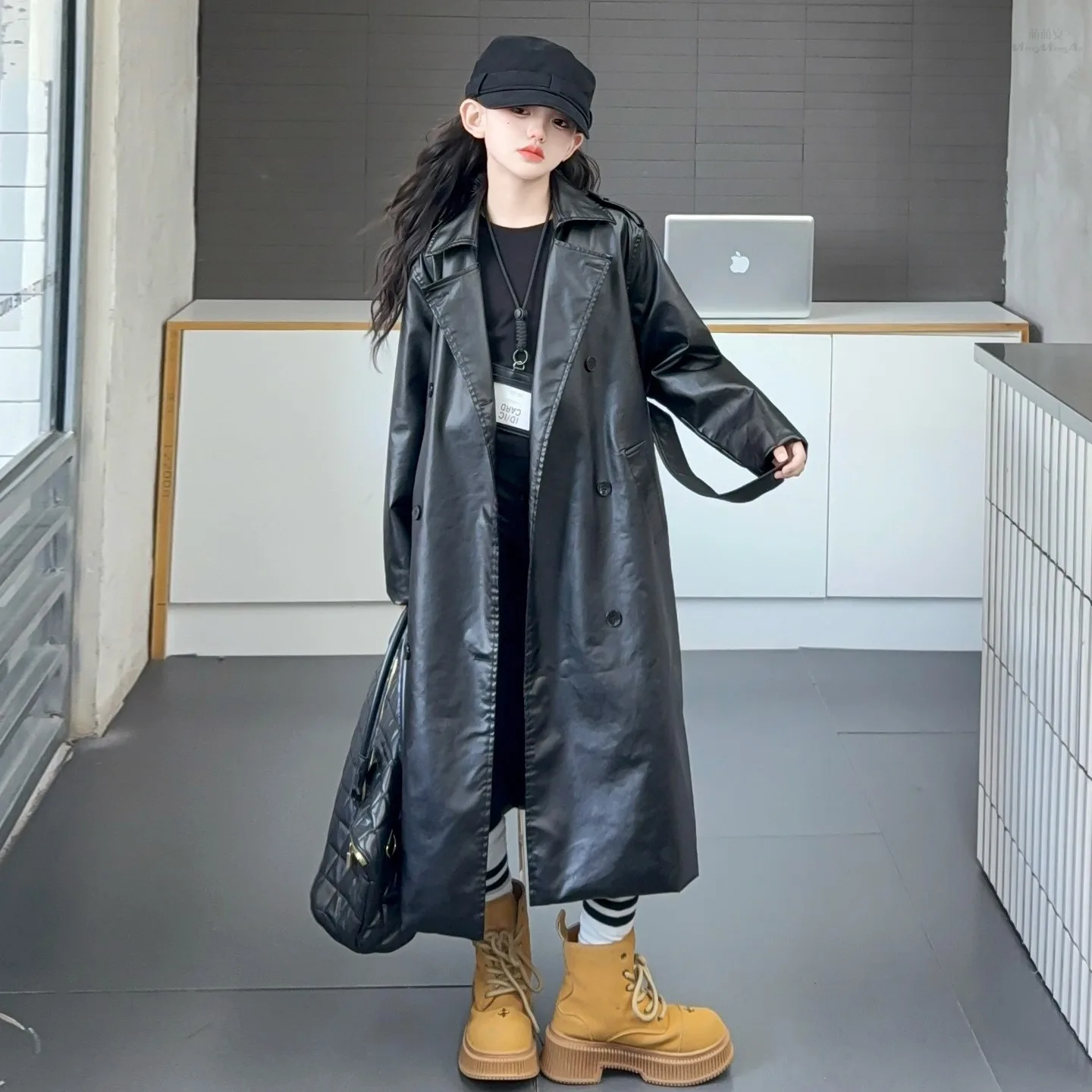 

Детская куртка для девочек, весенний длинный плащ в корейском стиле, детская одежда, куртки с поясом, черная кожаная куртка из искусственной кожи, для детей от 6 до 16 лет