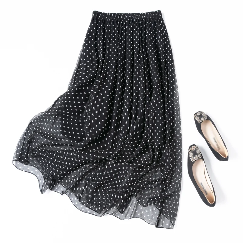 Gonna di seta da donna 100% seta di gelso Punti neri Stampati Gonna lunga tipo con fodera in seta Summer Beach Orlo grande Office Lady M1241