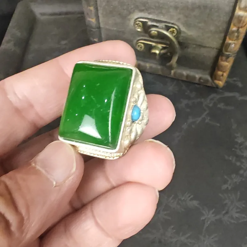 Vintage Ethnic Square Green Imitation Jade Ring Unisex With Tiny Turquoise‑Accent Metal Band Statement Finger Jewelry Men Gift