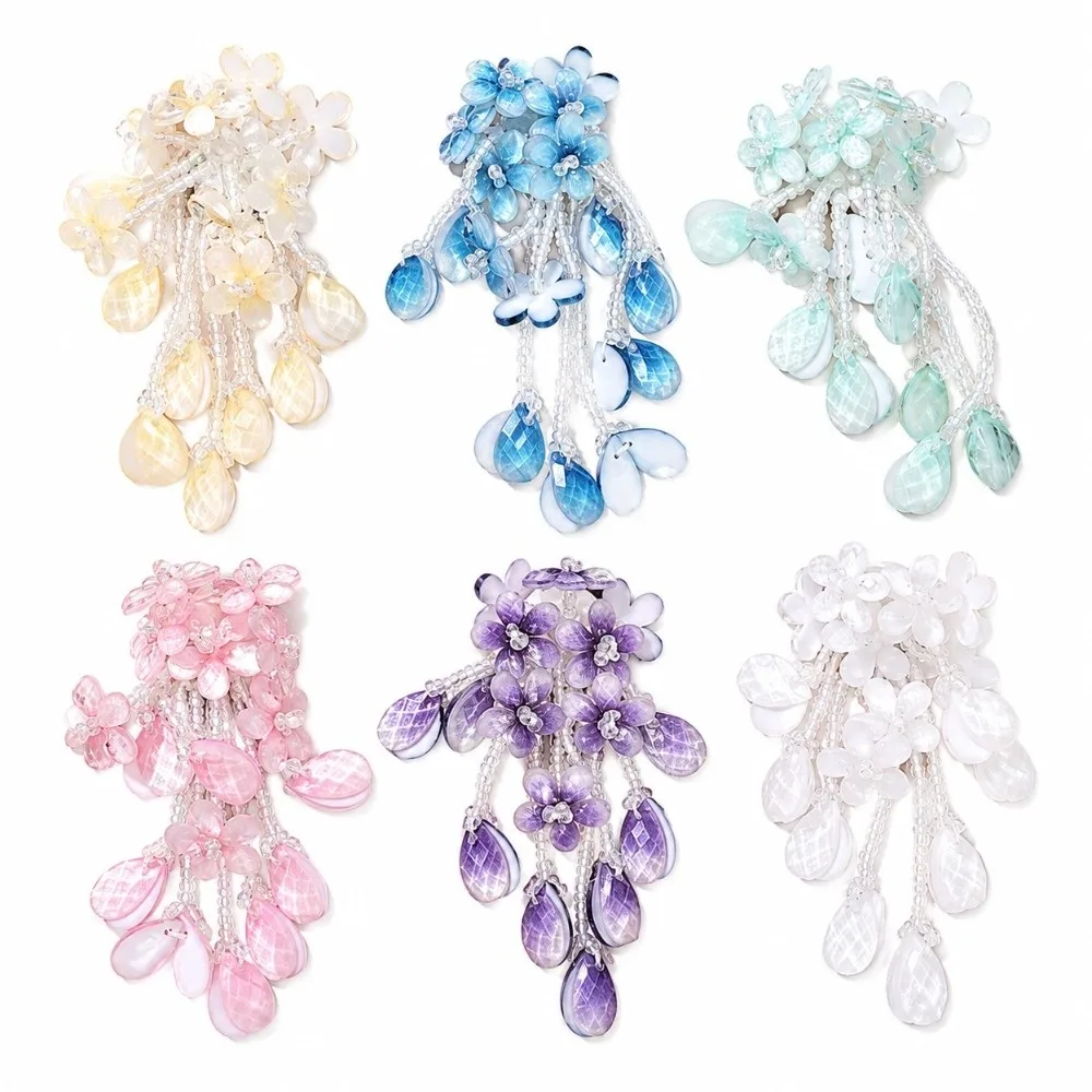 Gradient Color Flower Pendant Teardrop Shape Floral Design Tassel Charm Handmade Craft Chinese Style Earring Component