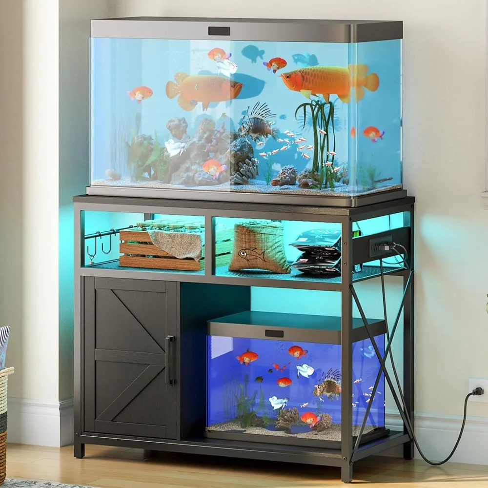 

40-50 Gallon Fish Tank Stand with Power Outlet and LED Light, Metal Frame Aquarium Stand with Cabinet Storage, for Reptile
