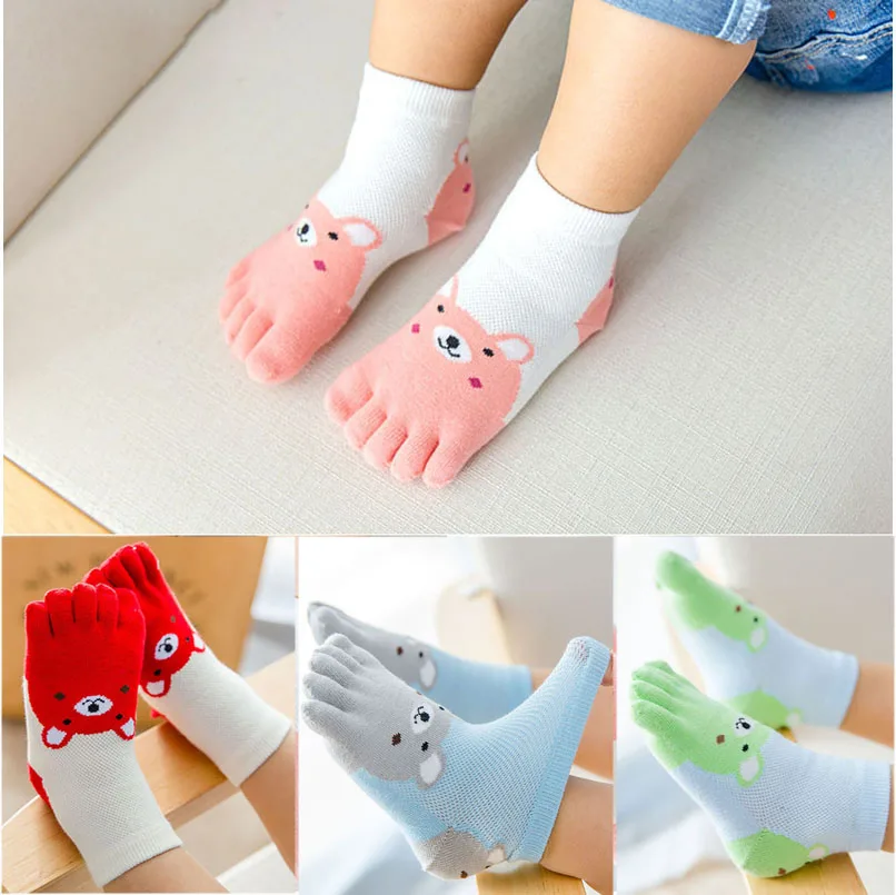 5 Pairs Cute Cartoon Bear Five Toed Socks Infants Five Finger Mesh Breathable Foot Socks for 3-12Y Baby Boys Girls Knit Hosiery