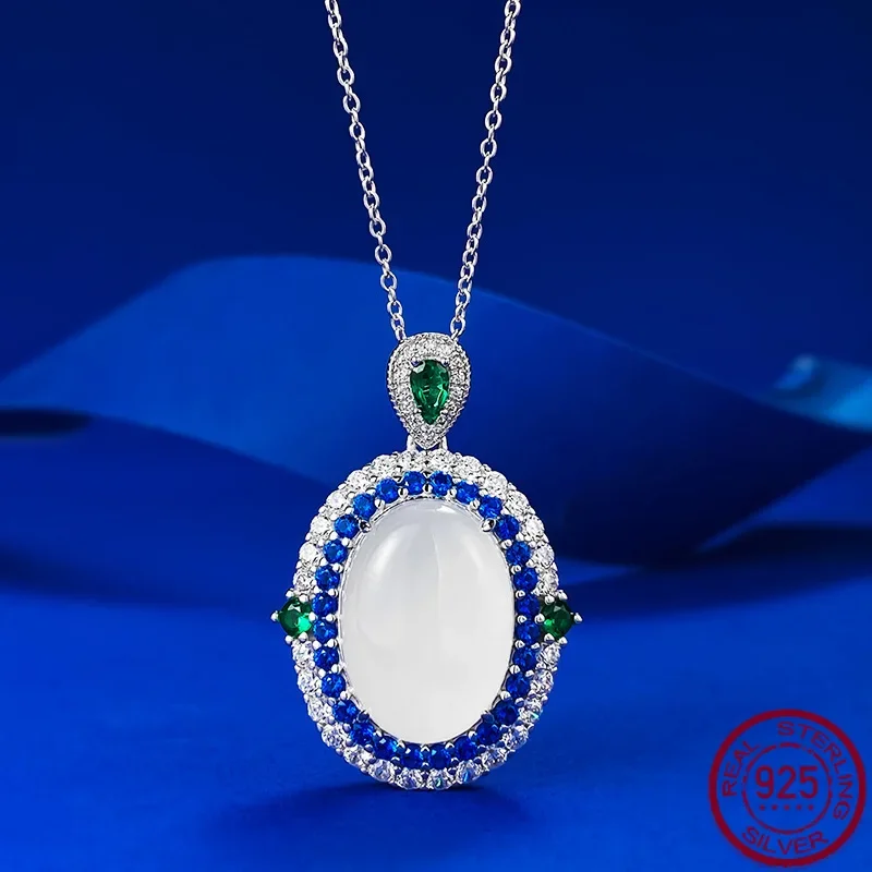 

New S925 Silver Jadeite High Ice Egg Faced Jade Pendant Necklace with Artificial Sapphire for Women, Wedding Gem