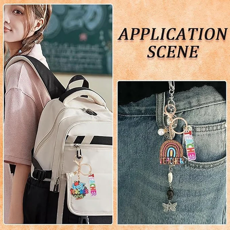 Wooden Teacher's Day Keychain English Letter Geometric Shape Text Keyring Pendant for Teachers and Students Jewelry Gift