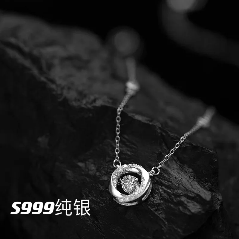 S999Pure Silver Three-Second Heartbeat Sterling Silver Necklace Pendant Niche Advanced Design Rhinestone Clavicle Chain Gifts fo