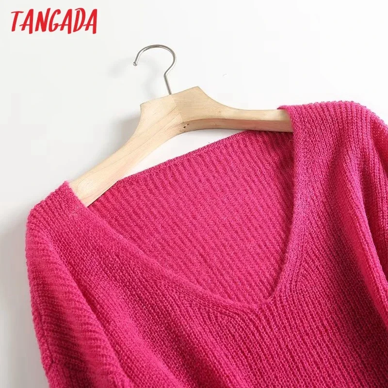 Tangada 2023 Autumn Women Pink Oversized Knitted Sweater Jumper V Neck Female Pullovers 4C329