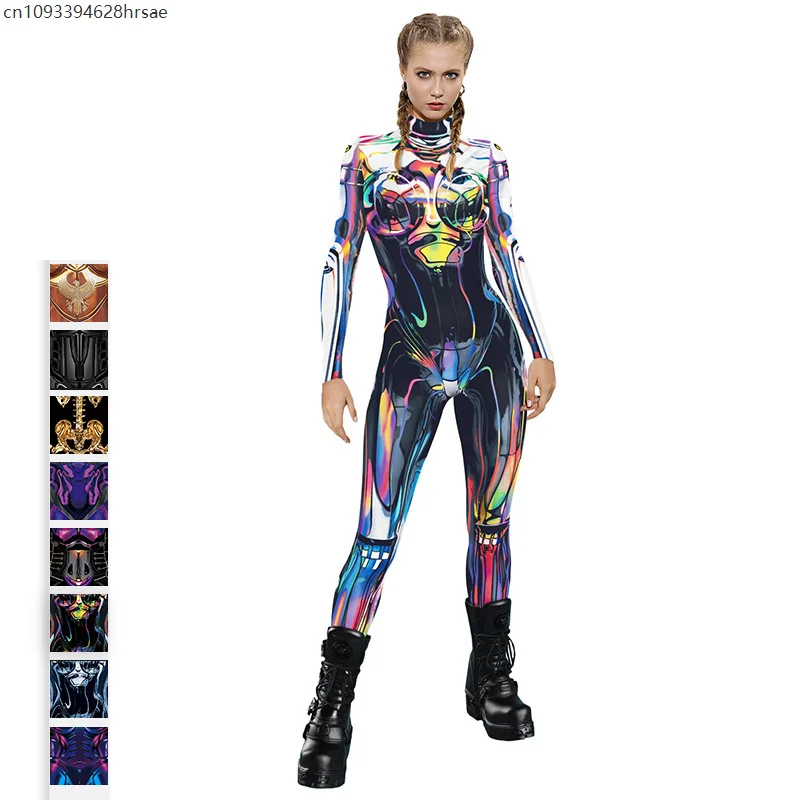 Women Punk Mechanical Steampunk Robot Punk Skeleton Jumpsuit Catsuit Cosplay Costume Zentai Bodysuit Fancy Dress Halloween