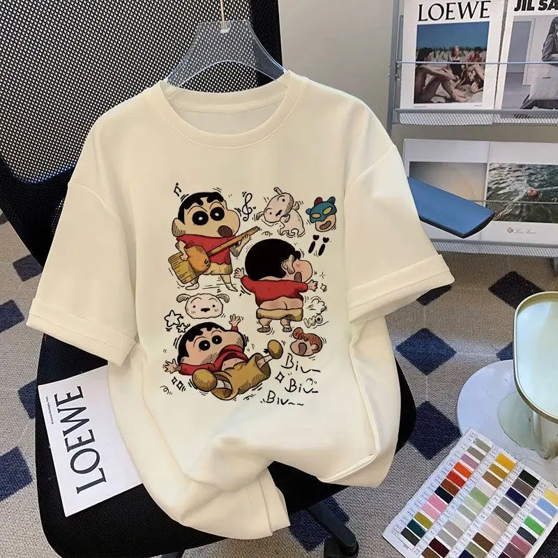 أنيمي تلوين شين تشان المرأة القطن تي شيرت الصيف ملابس بأكمام قصيرة قمة الموضة الكرتون المطبوعة تي شيرت موضة المرأة المحملة القمم