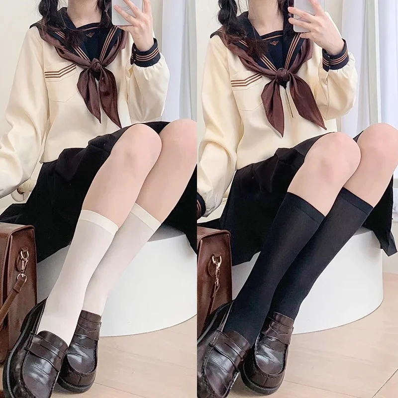 

JK Lolita Black White Socks Women Sexy Nylon Stockings Solid Color Cute Thigh High Socks Fashion Girls Kawaii Cosplay Long Sock