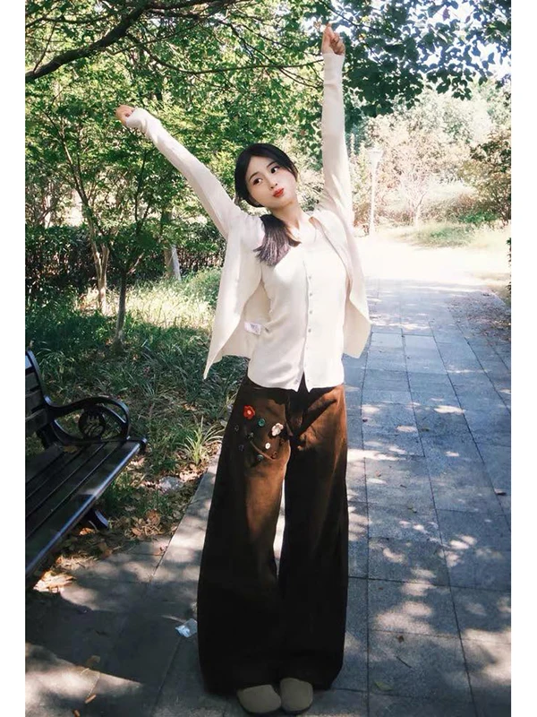 

Ретро-джинсы в американском стиле с вышивкой, коричневые, с цветочным узором, женские, с высокой талией, свободные, прямые, осенне-зимние, широкие, длинные брюки