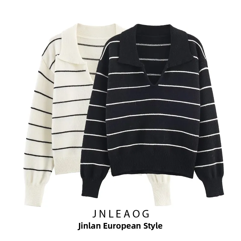 

JNLEAOG осенний новый женский вязаный свитер с v-образным вырезом в полоску, свободный крой, длинный топ из полиэфирного волокна све