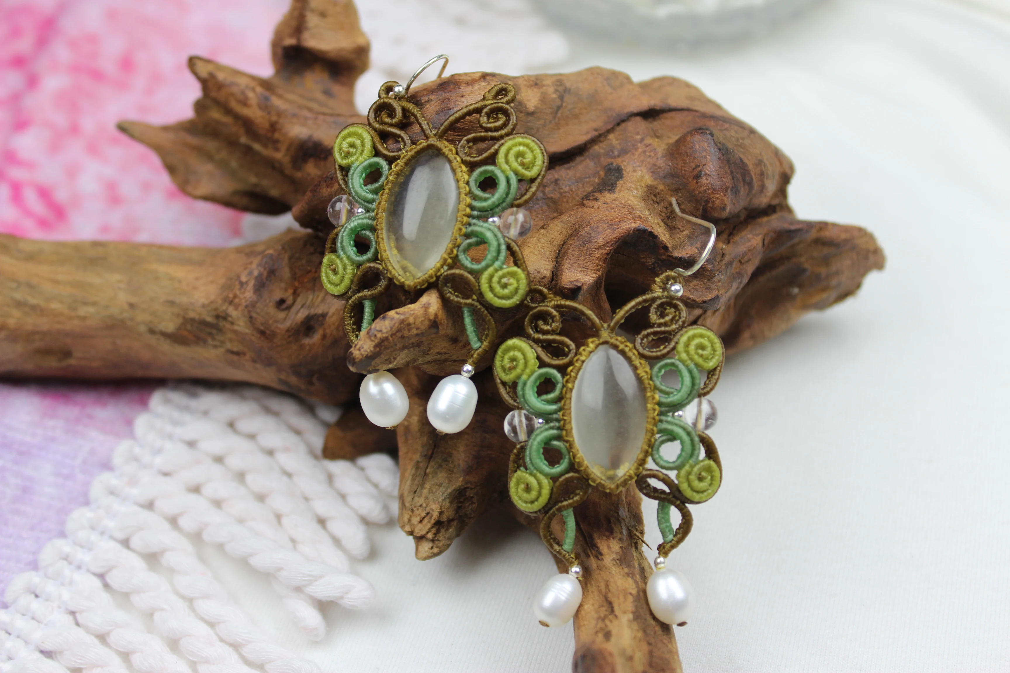 

Macrame Handmade Wax Polyster Thread Woven Lemon Quartz Natural Stone Earrings wih Pearls Exclusive Custom Design Gift for Women