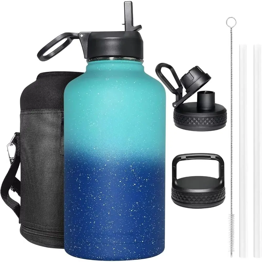 

64 oz water bottle with straw and 3 lids to keep warm, half gallon water bottle, large metal stainless steel thermos