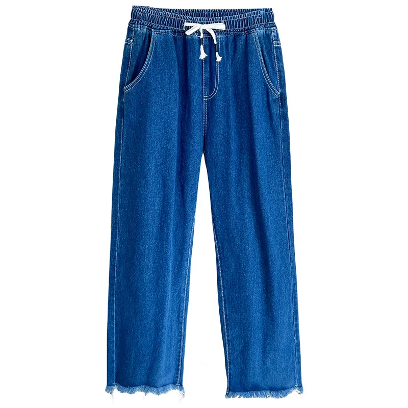 

100KG Spring Autumn Plus Size Women's Jeans Fashion Blue Tassel Leg Opening Casual Wide Leg Straight Denim Pants 1609