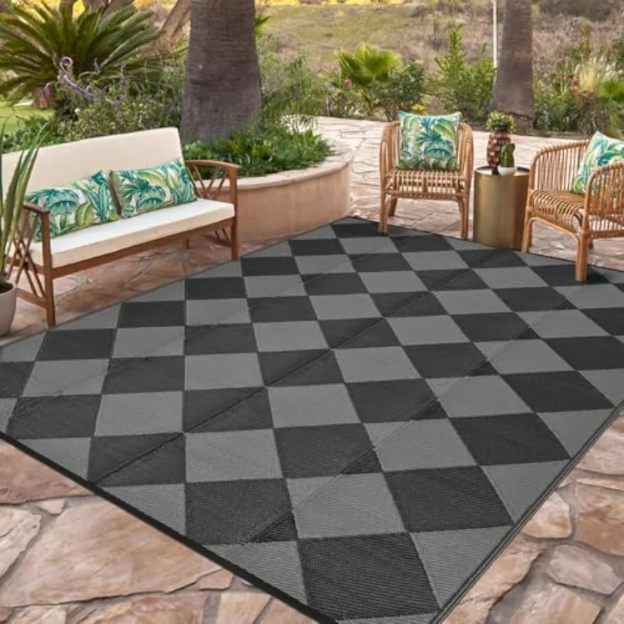 

Outdoor patio rug 9x12, waterproof geometric plastic straw diamond pattern, black and grey reversible mat for RV camping, backy