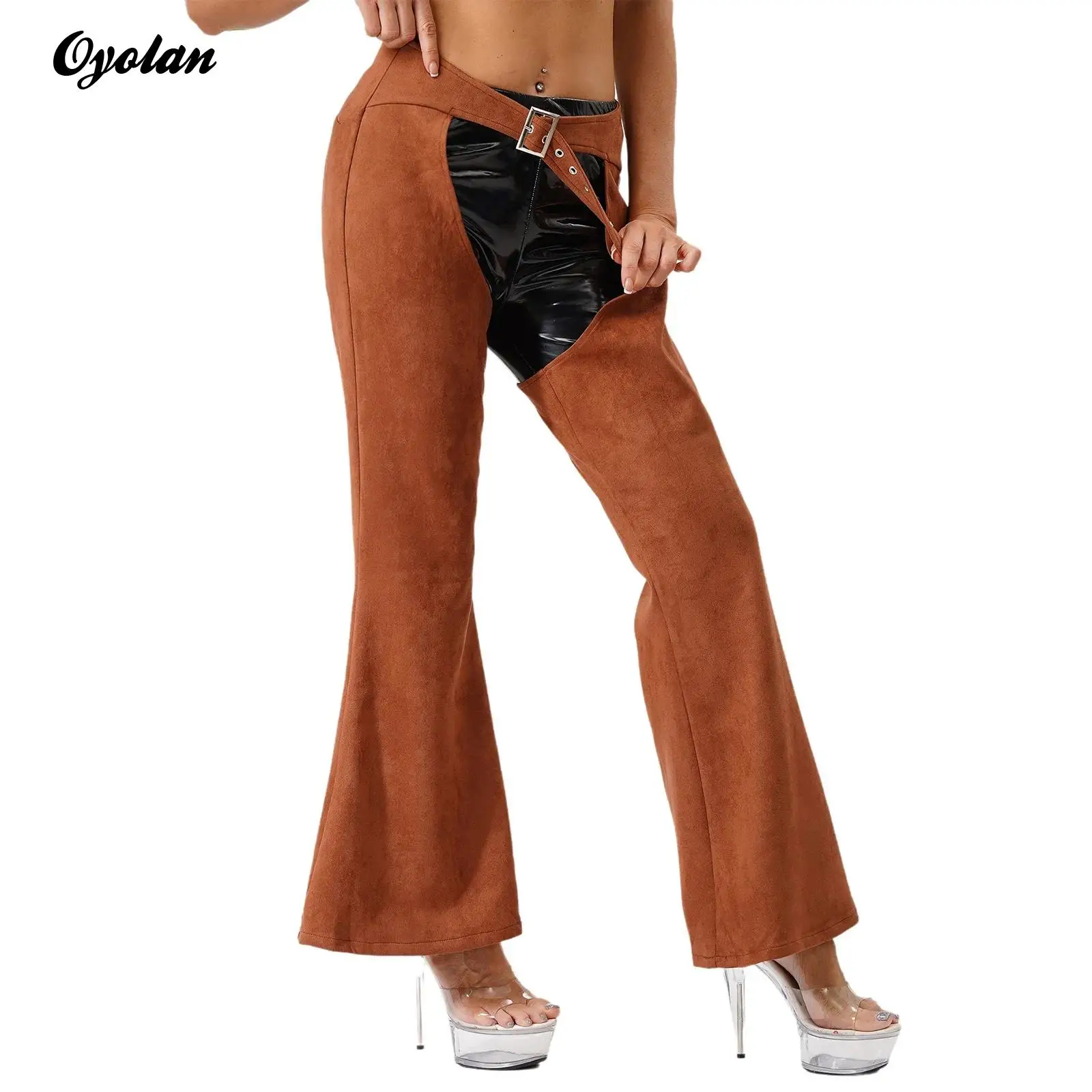 Womens Vintage Western Cowgirl Chaps Pants Adjustable Waist Hollow Out Cowboy Riding Motorcycle Biker Pants Wide Leg Long Pants