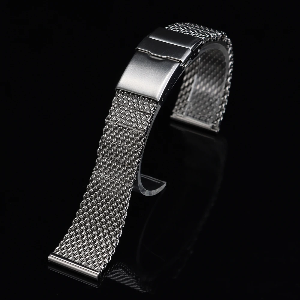 22mm Universal Flat-End Screw-On Style Stainless Steel Mesh Strap in Silver High-Quality Fashion Watch Band Metal Folding Clasp