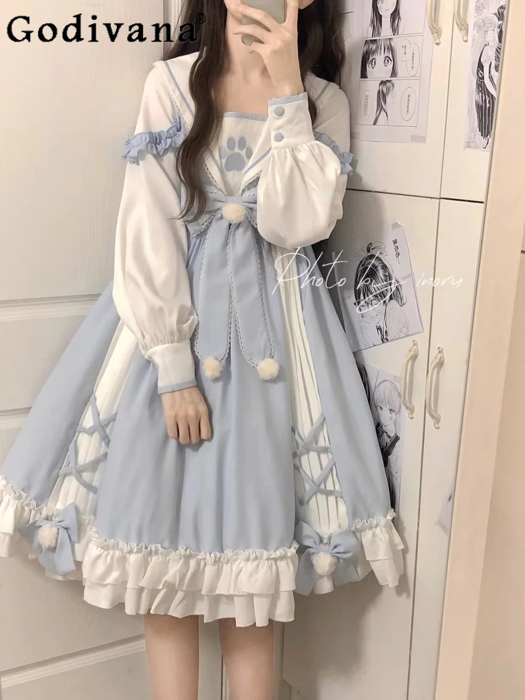 

Autumn Blue Dress OP Girly Sweet Cute High Waist Bow Patchwork Lolita Ball Gown Princess Dress College Student Kawaii Dresses