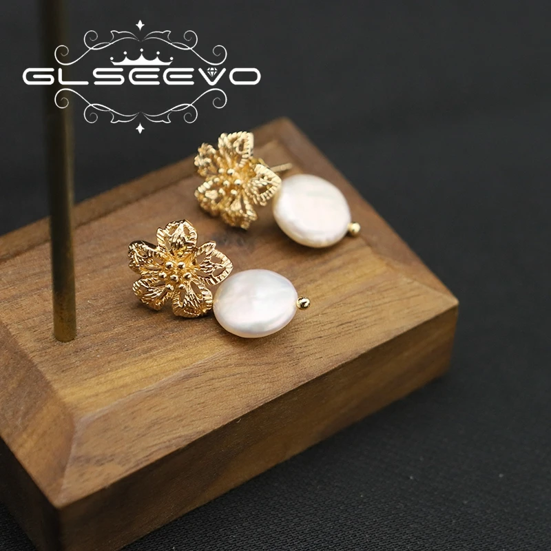 GLSEEVO Fashion Hollow Metal Flowers Baroque Pearl Woman Drop Earrings Temperament Simple Trendy Girls Party Gift Jewelry GE1180
