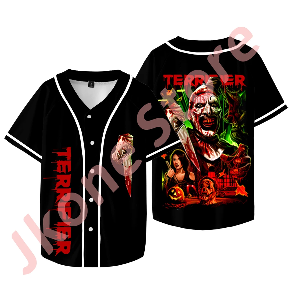 

Terrifier Horror Movie Merch Baseball Jacket Halloween Cosplay T-shirts Women Men Fashion Casual Short Sleeve Tee