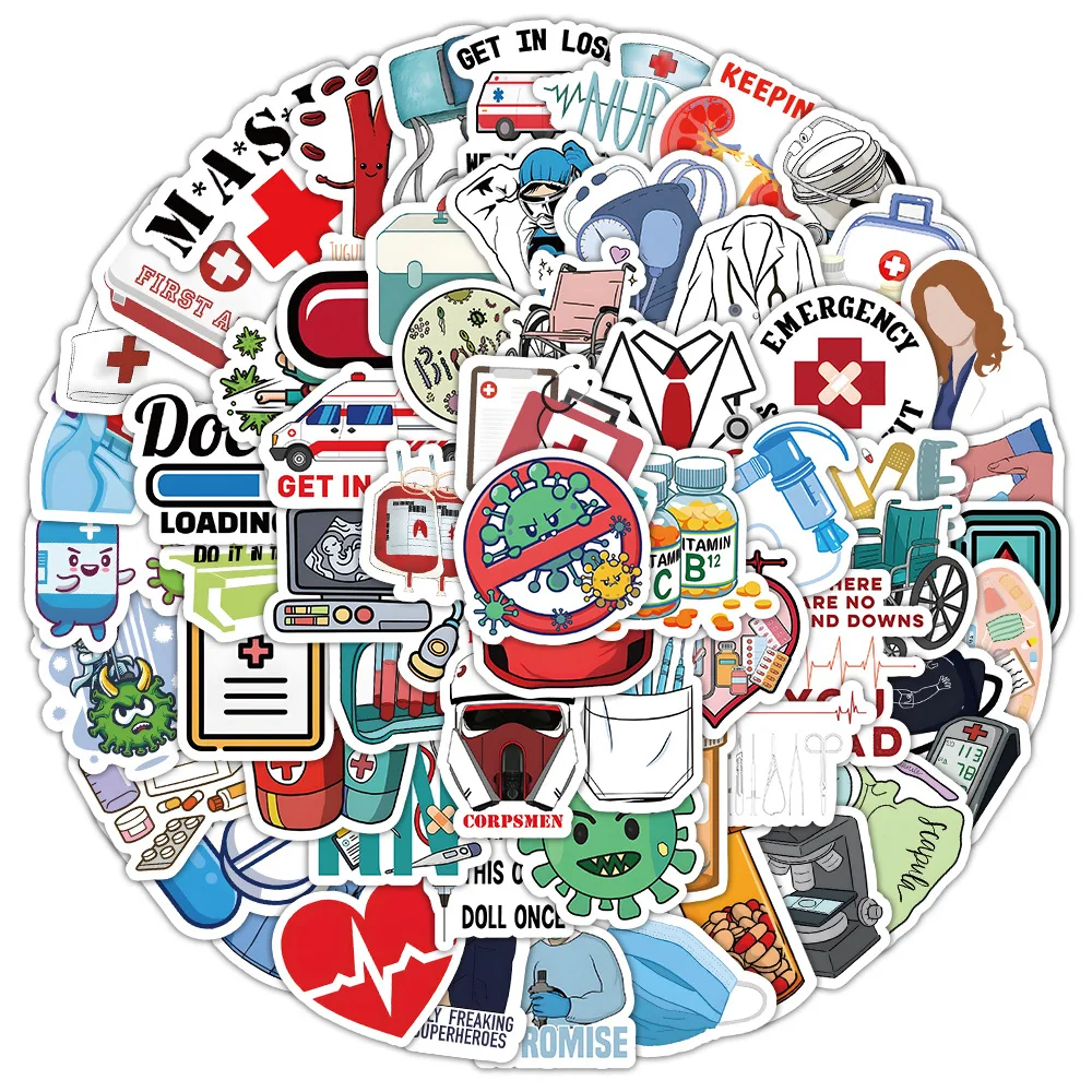 50/100Pcs Doctor Stickers Cartoon Medical Vinyl Decal Waterproof Nursing Sticker Pack for Luggage Water Bottle Decor