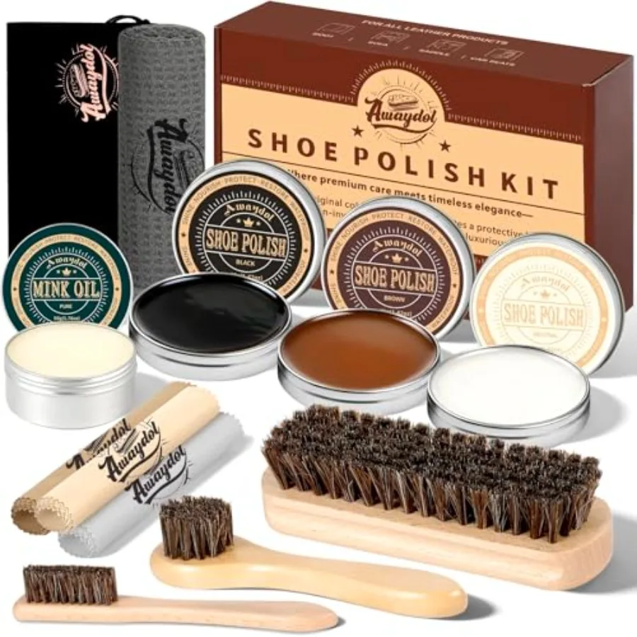 

10 PCS Shoe Care Kit - Horsehair Brushes Black Brown Neutral Polish Mink Oil Conditioner for Shoes Polishing Cloth Leather Boot