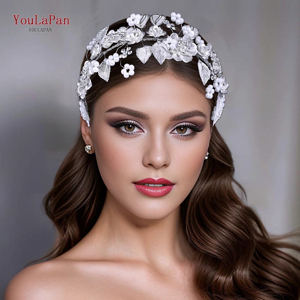 Youlapan noiva flor argola de cabelo cor prata liga flor casamento bandana artesanal pérola strass headpieces para mulher hp790