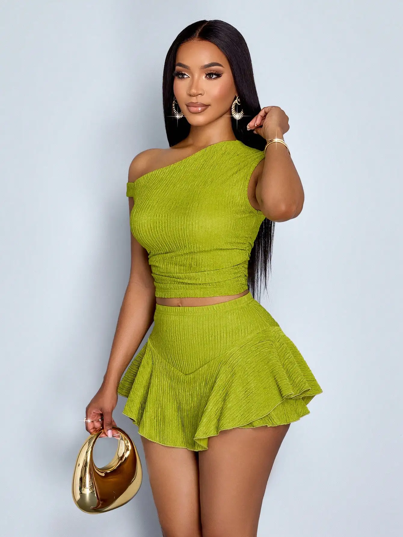 

Women Off-Shoulder Crop Top And Ruffled Skirt Two Piece Set Green Casual Party Outfit