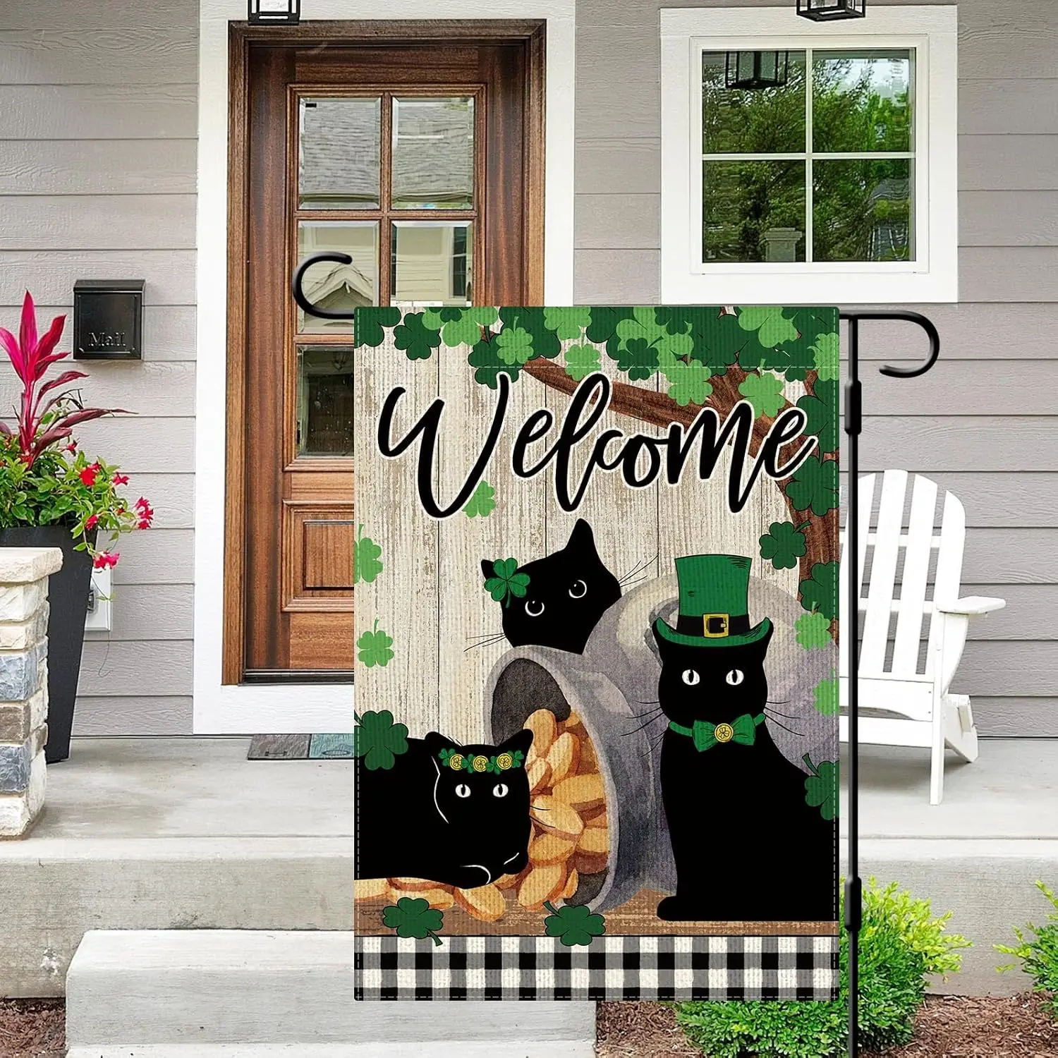 DLZDN St Patricks Day Black Cat Garden Flag Shamrocks Clovers Garden Flag 12×18 Inch Double Sided Buffalo Plaid Farmhouse We EEZ