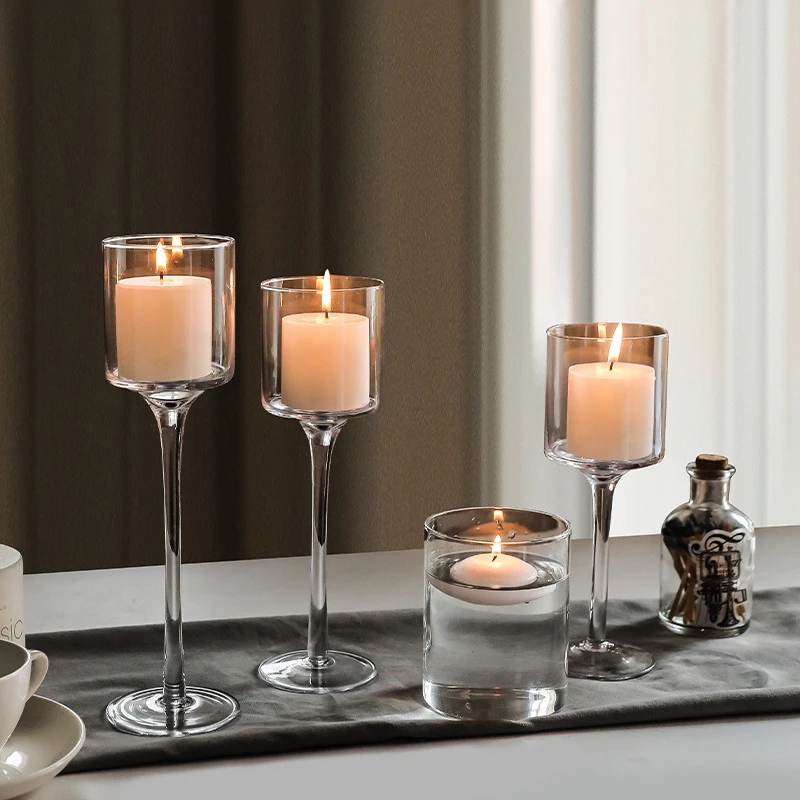 1 Set Modern Light Luxury High Footed Glass Candle Holders Wedding Props Transparent Candle Lights Glass Candle Holder Romantic