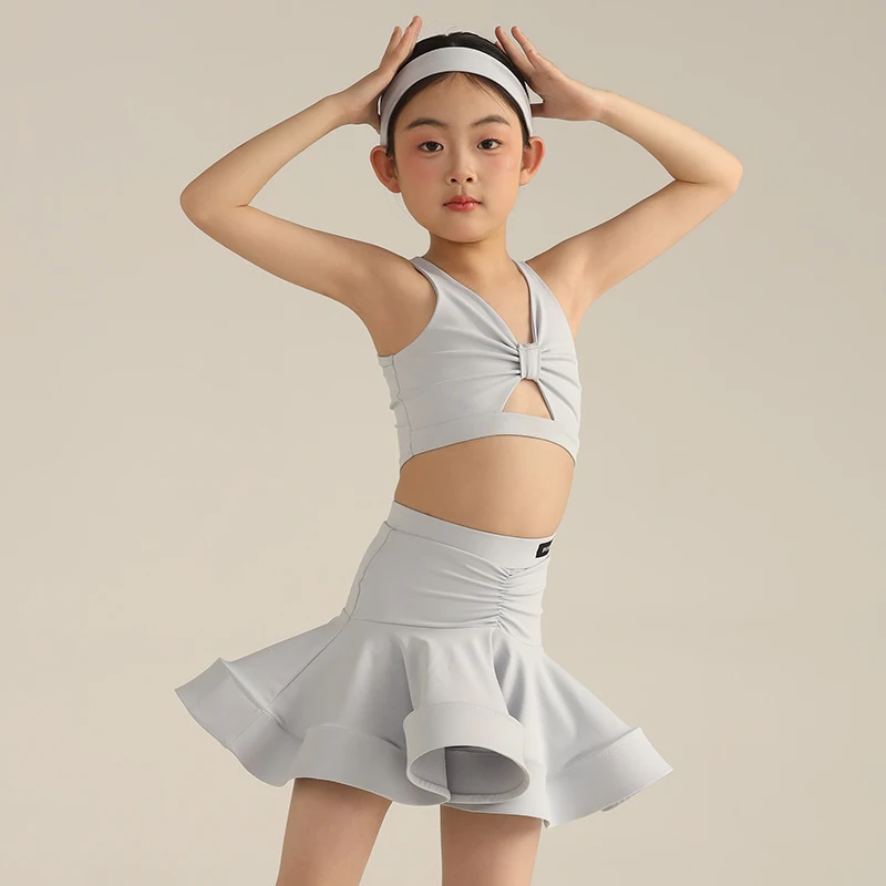 

Летний костюм для латиноамериканских танцев 2026: синий топ и юбка с оборками для девочек, детский сценический наряд для выступлений, комплект для тренировок по ча-ча-ча и румбе 2685