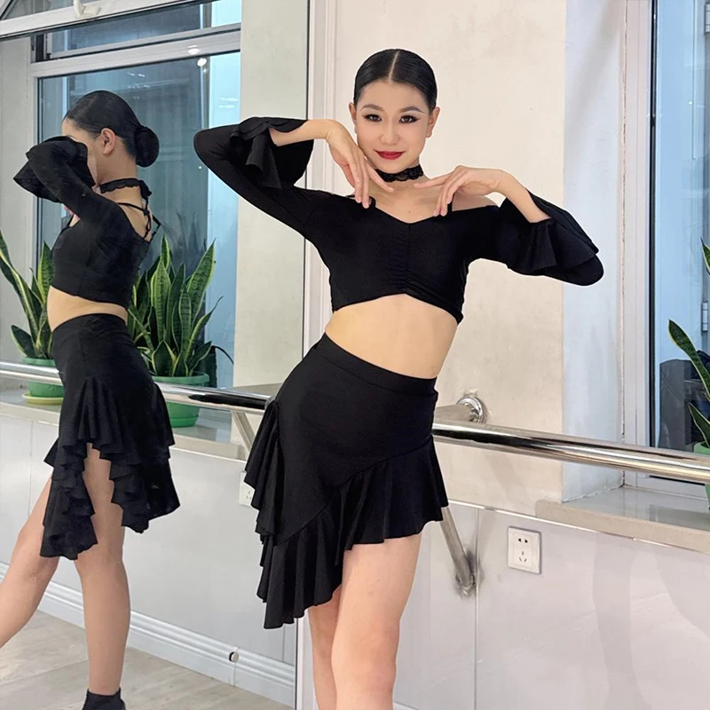 Latin Dance Costume Girls Black Lotus Leaf Side Length Sleeve Top Skirt 2 PCS Set Samba Performance Clothes Training Wear XH1734