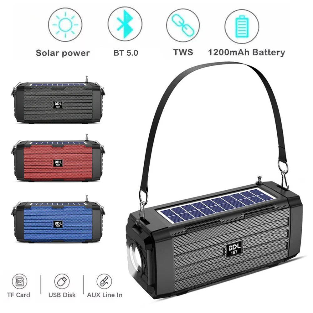 Solar Charging Wireless Stereo Speakers With Flashlight Outdoor Tws Subwoofer Bluetooth Compatible Speakers AUX/TF/FM Radio