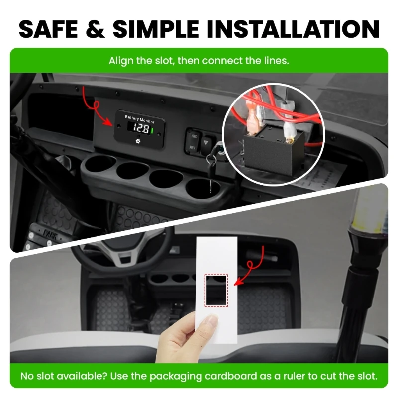Golf Cart Battery Monitor 12V-72V with Display Meter, Panel Mount Reader, Front Button and Wiring Hardware for Daily Battery