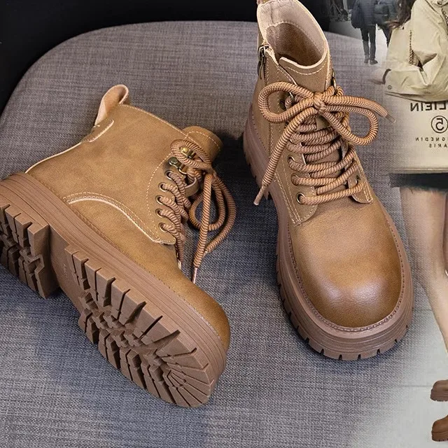 

Retro Boots Women's New Style British Style Large Yellow Boots Versatile Fleece Lined Short Boots Leather Boots