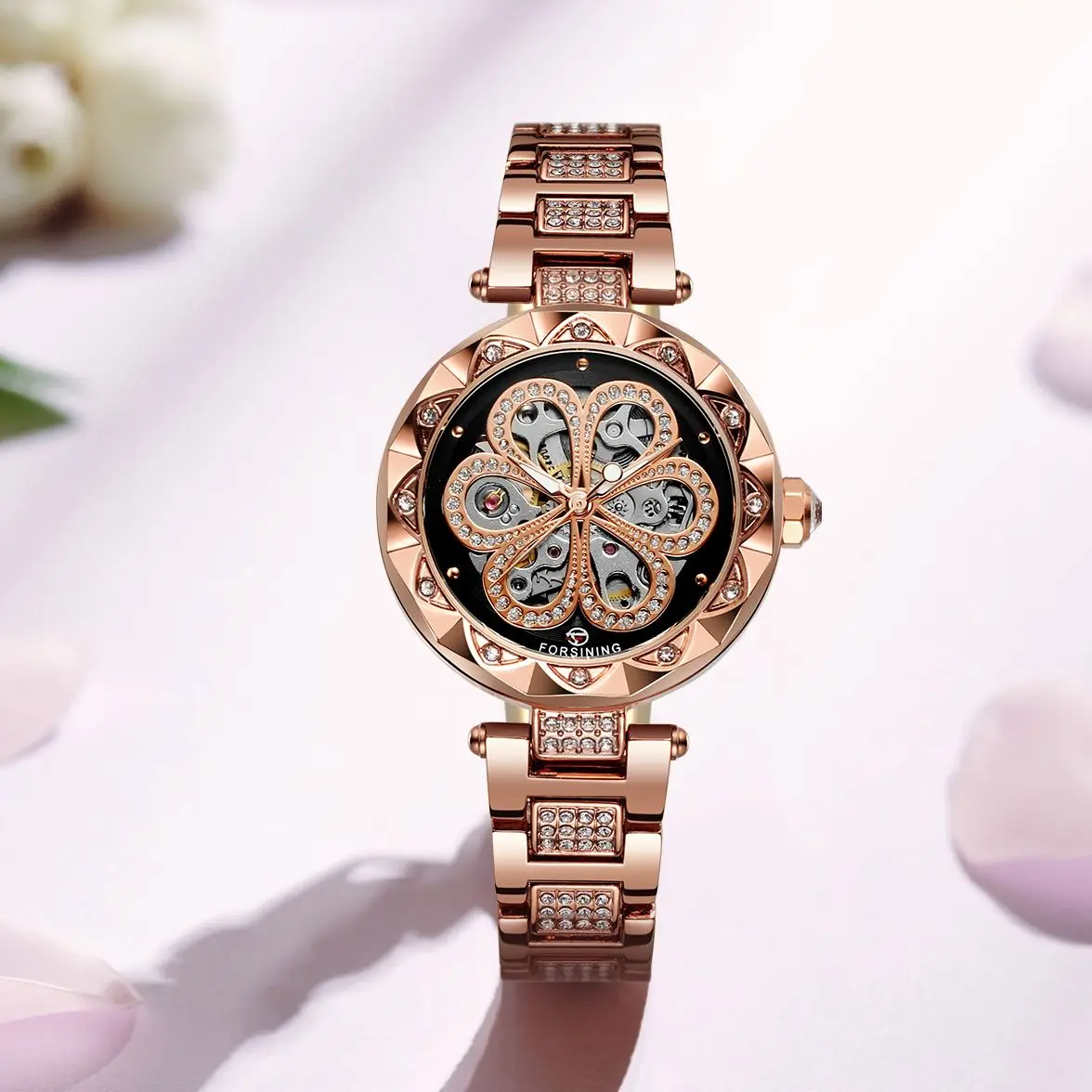 Forsining Women Elegant Quartz Watch Carved Hollowed Out Stainless Steel Strap Waterproof Ladies Luxury Wristwatch Reloj