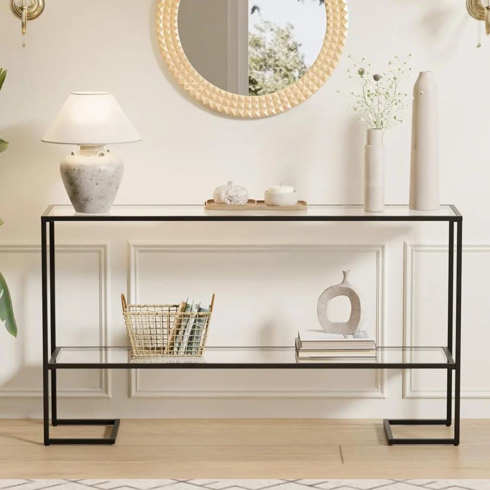 

52" Console Table, 2-Tier Narrow Tempered Glass Sofa Table with Metal Frame for Living Room, Hallway, Bedroom, Black